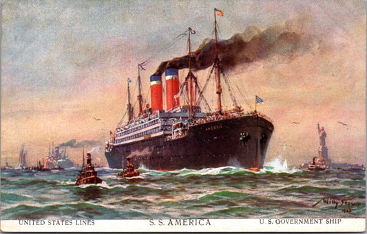 Artist Signed Postcard United States Lines S.S. American U.S. Government Ship