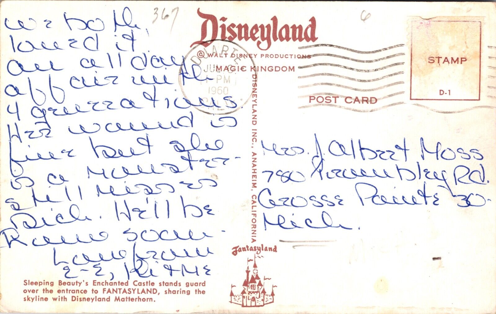 Disneyland Postcard Sleeping Beauty's Enchanted Castle and Matterhorn Mountain