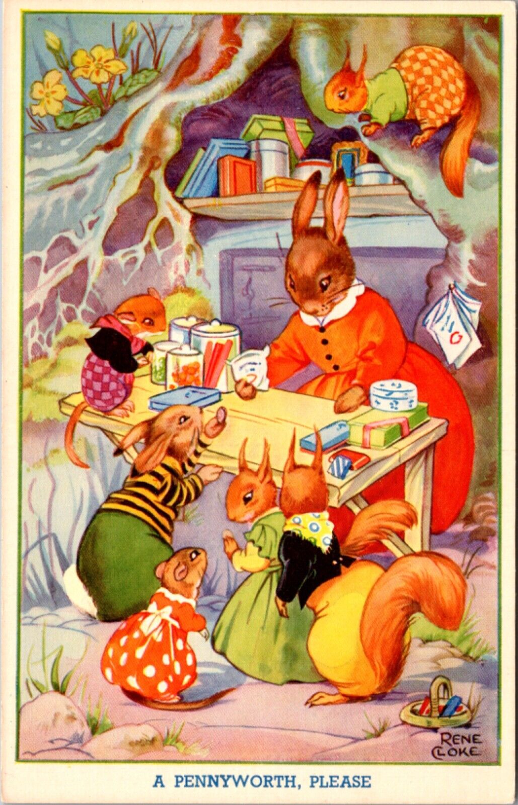 Rene Cloke Postcard Dressed Bunny Rabbits and Squirrels A Pennyworth, Please