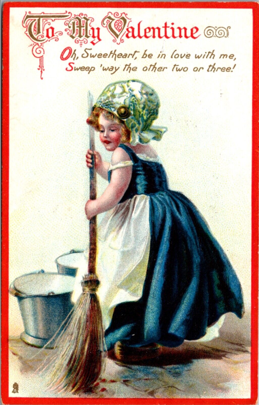 Valentine Postcard Little Girl Child Maid Sweeping Sweetheart