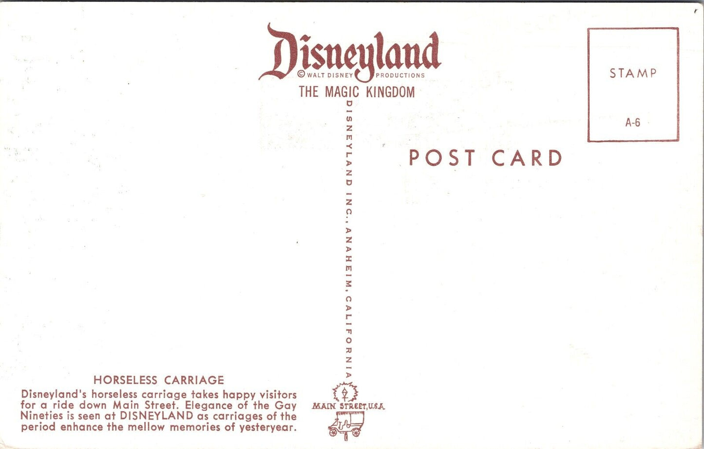 Disneyland Postcard Horseless Carriage on Main Street USA Gay Nineties