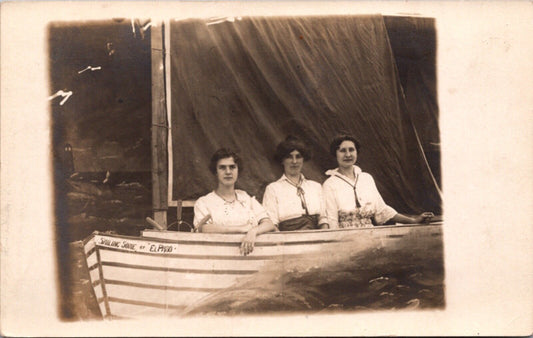 RPPC Three Women Sitting in a Photo Studio Sail Boat Sailing Some at El Paso