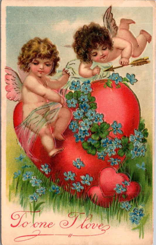 Valentine's Day Postcard Cupid Cherubs Giant Heart Forget-Me-Not Flowers Arrow