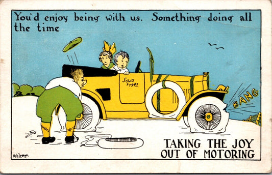 Comic Artist PC Children Watching Father Changing Automobile Tire