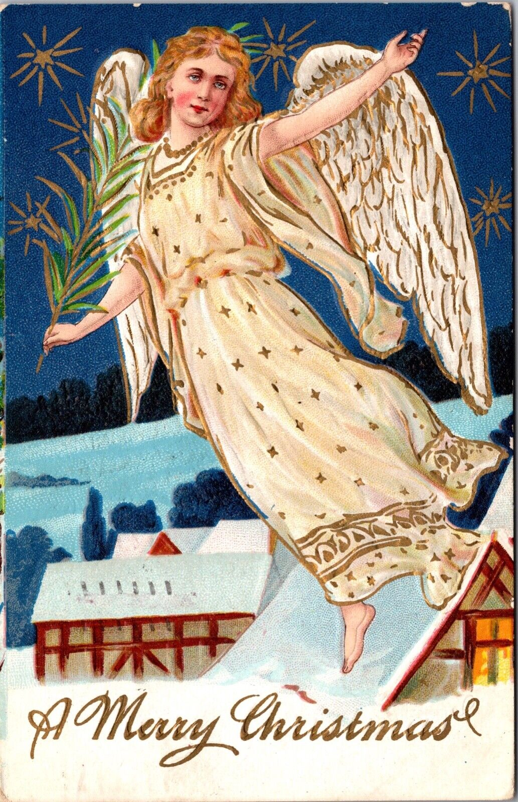 Christmas Postcard Angel Flying Over Snow Covered Roof Tops