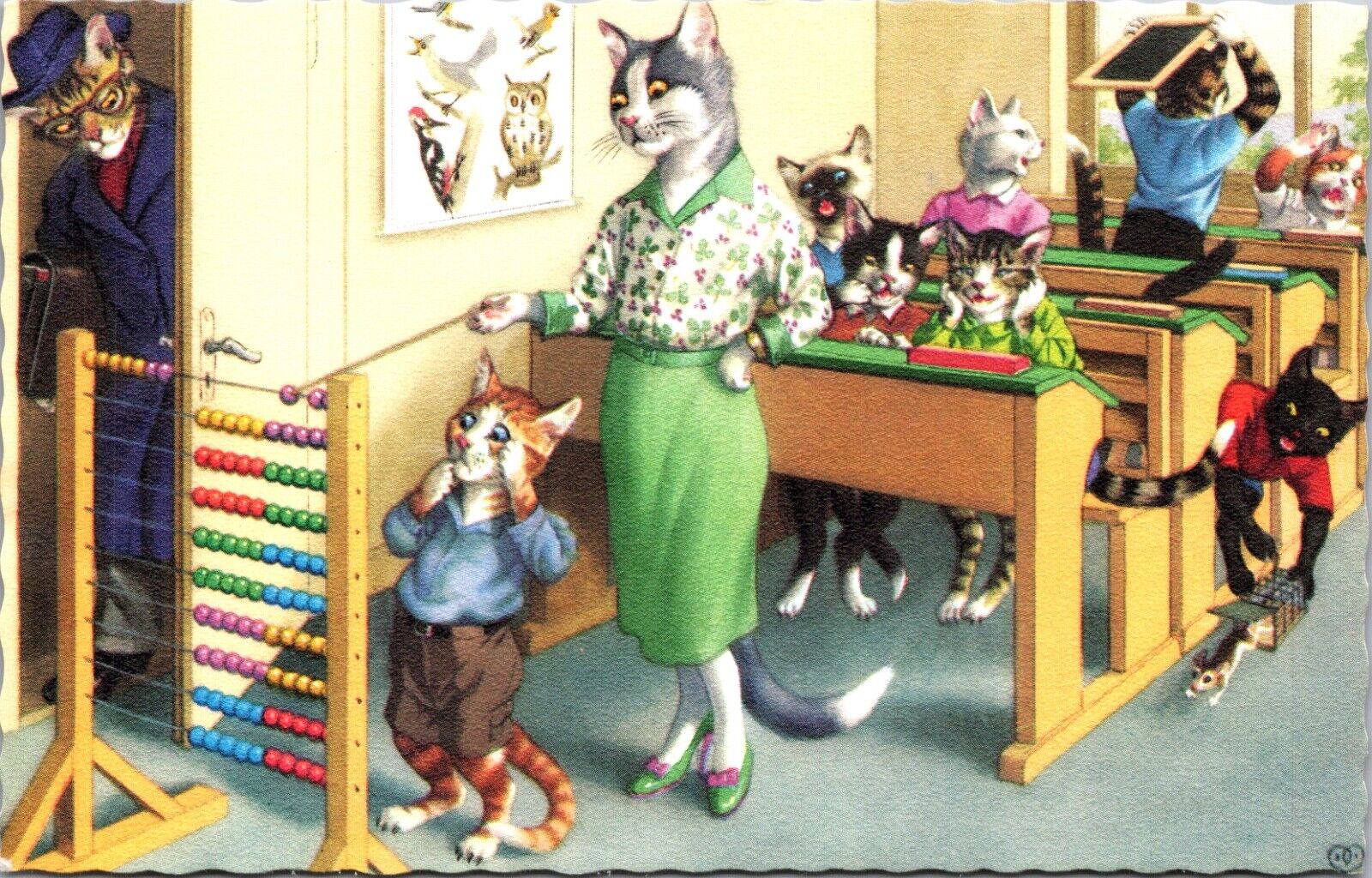 Alfred Mainzer Postcard Dressed Cats Kittens at School Using Abacus