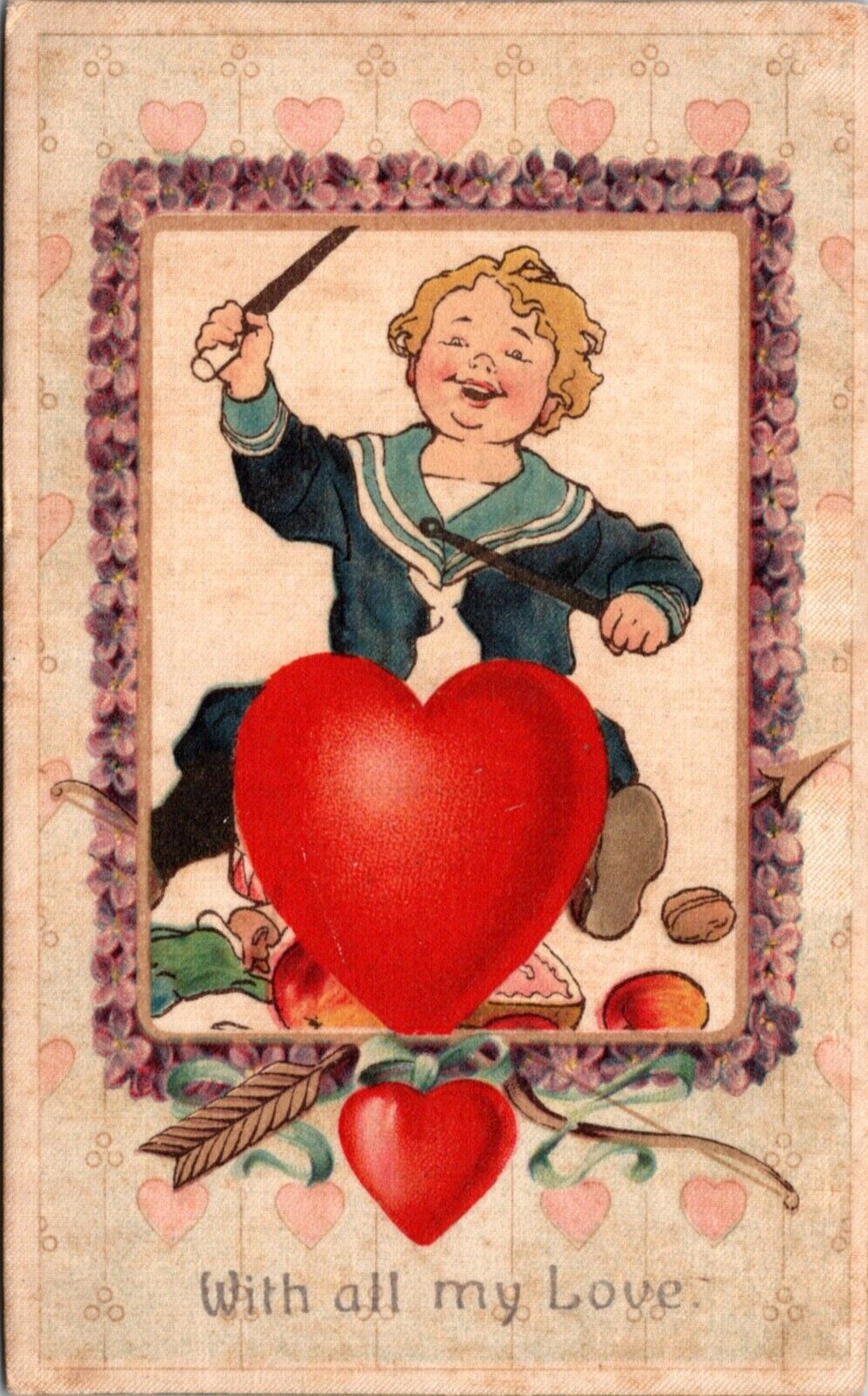 Silk Valentine's Day Postcard Sailor Dressed Boy Drumming on Heart Drum Sticks