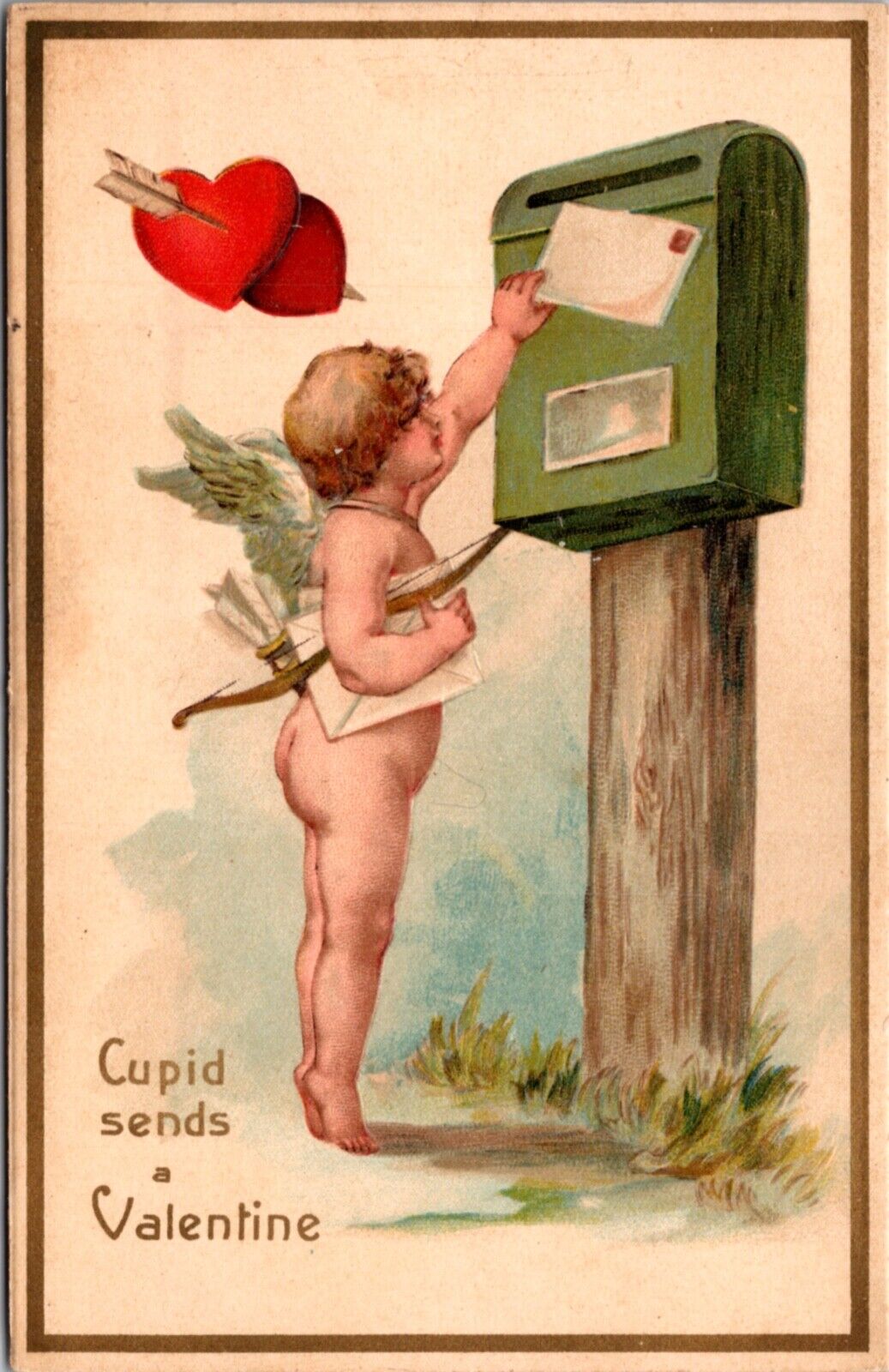 Valentine PC Cupid Cherub Holding Bow and Arrows Mailing Letters in a Mailbox