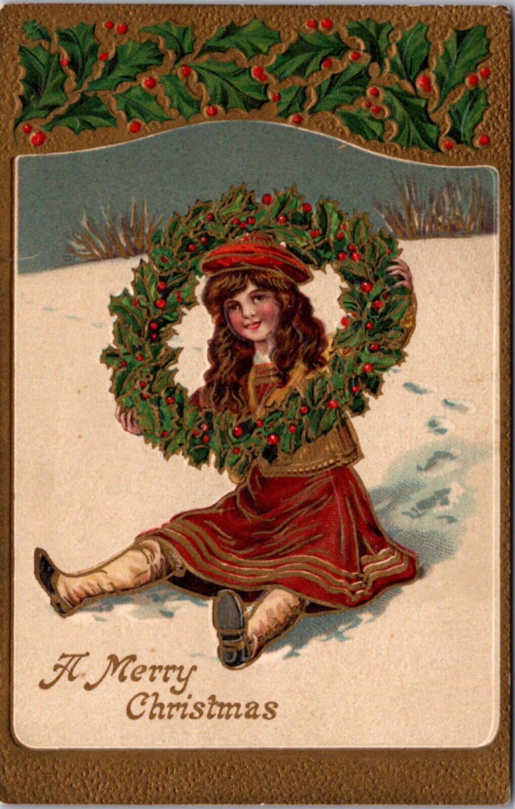 Christmas PC Little Girl Sitting in the Snow Holding Holly Wreath Over Head