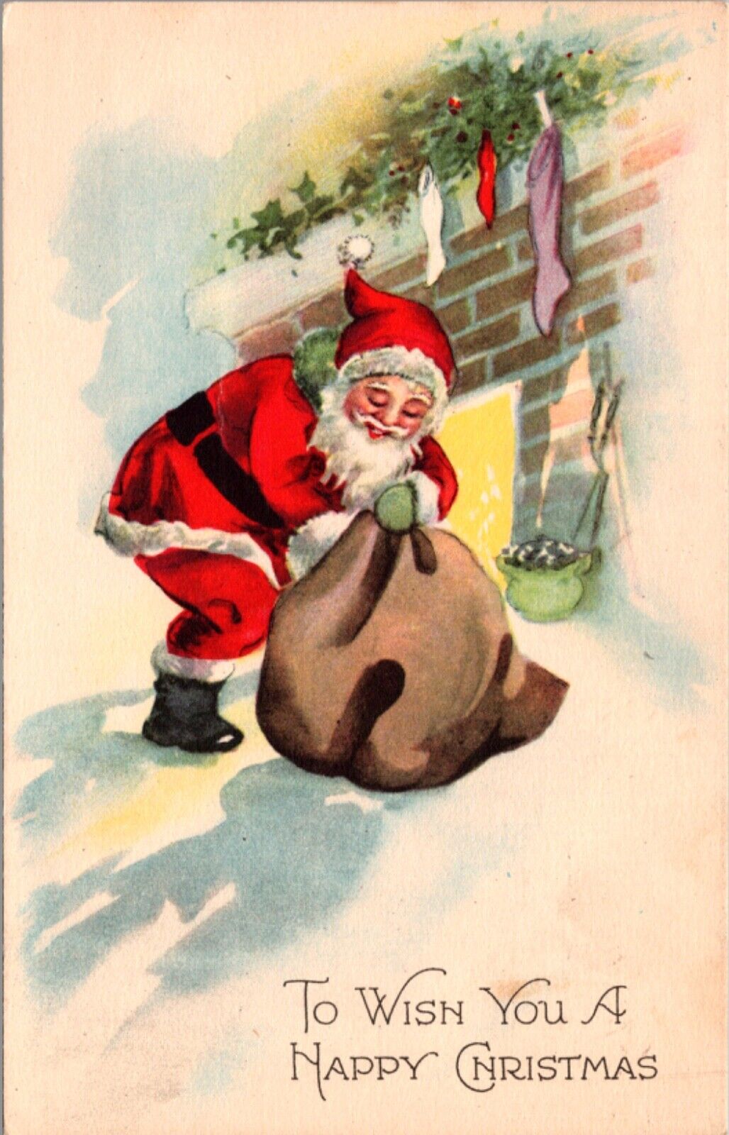 Christmas Postcard Santa Claus with a Bag Sack of Toys Fireplace Stockings