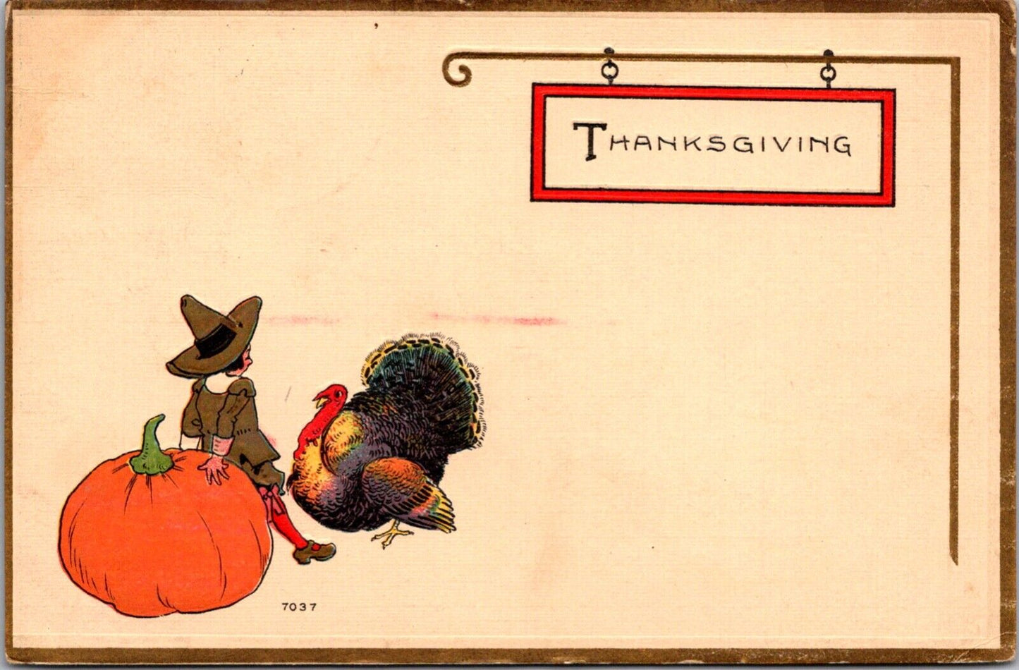 Thanksgiving Postcard Pilgrim with Pumpkin and Turkey