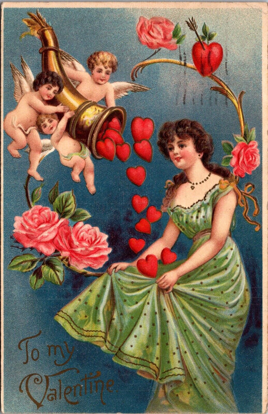 Valentine Postcard Cupid Cherub Dumping Cornucopia of Hearts Into Woman's Dress