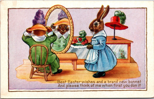 Easter Postcard Dressed Bunny Rabbits Trying on Hats in Mirror at Hat Shop