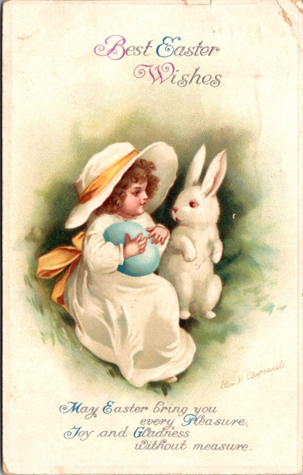 Clapsaddle Artwork Easter PC White Bunny Rabbit Little Girl Holding a Blue Egg