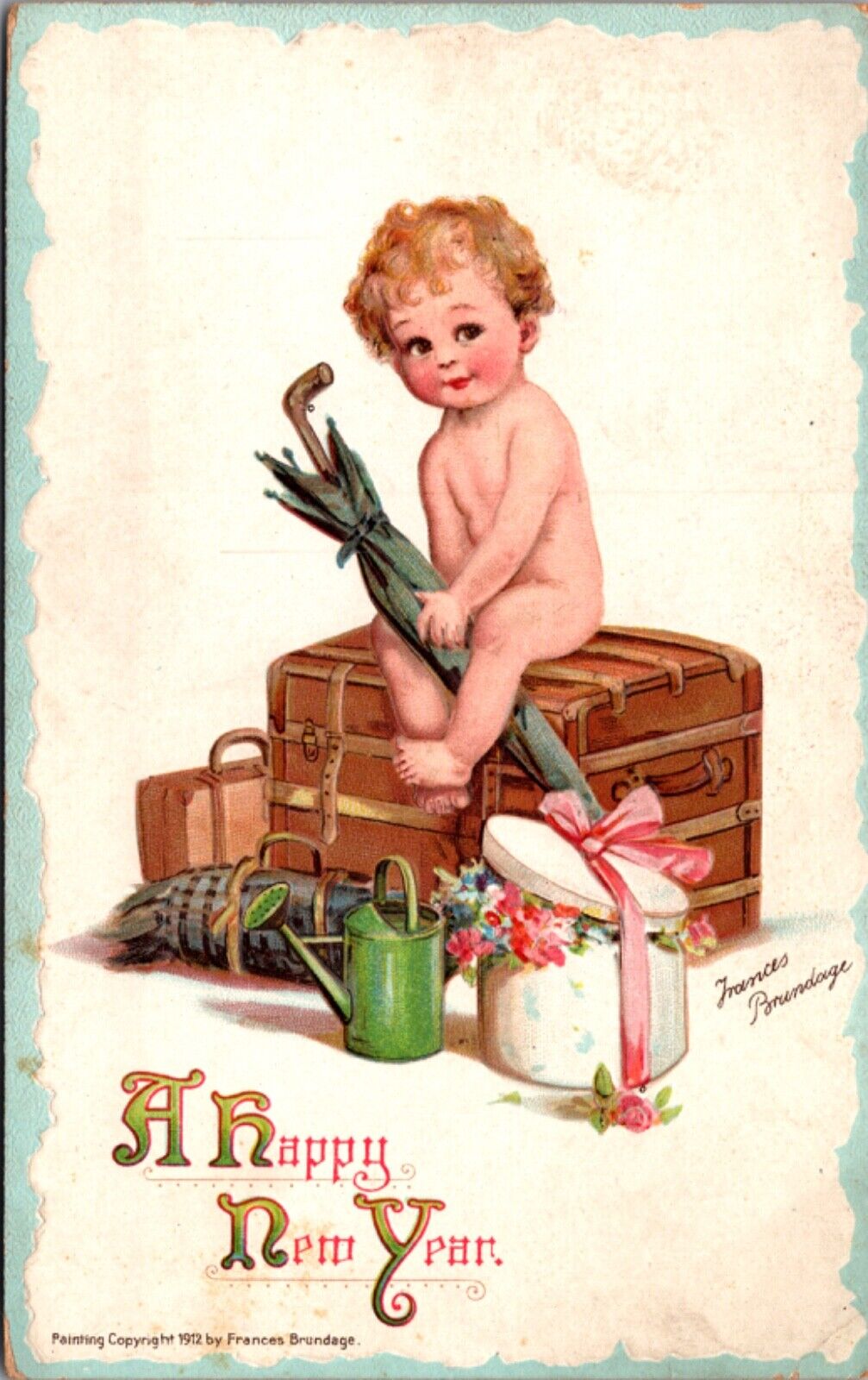 Brundage Happy New Year Postcard Baby Sitting on Travel Chest Hat Box of Flowers