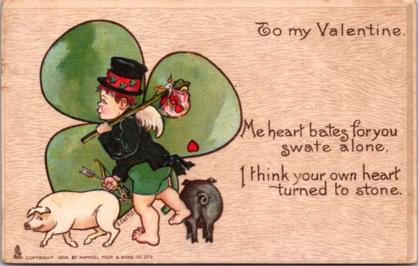 1906 E. Curtis Valentine's Day Postcard Cupid, Clover, Hearts, Pigs, Hearts