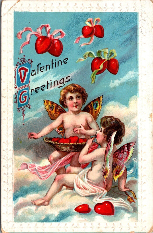 Valentine's Day Postcard Butterfly Cherubs in the Clouds with Hearts~2841