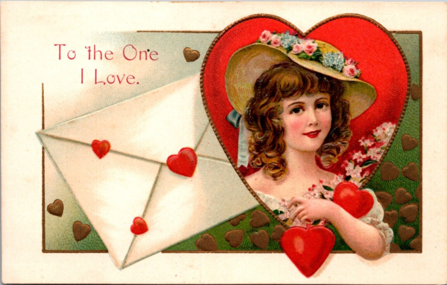 Valentine's Day PC Young Girl Holding Hearts Flower Covered Hat Envelope Letters