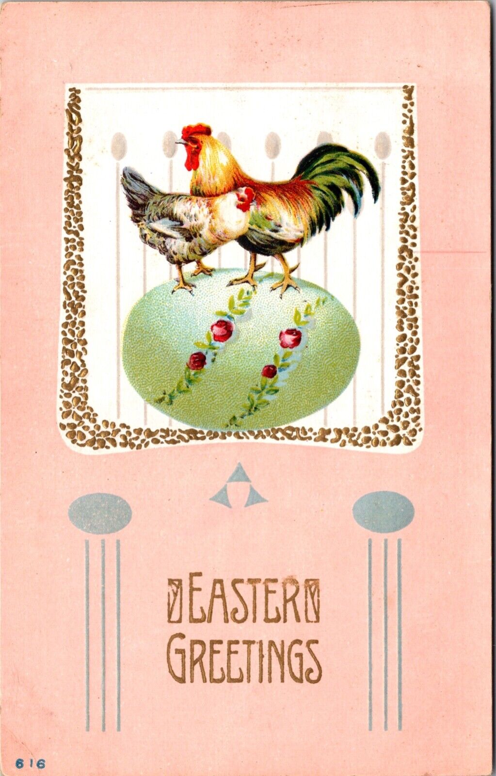 Six Embossed Easter Postcards Chicken and Roosters Standing on Colored Eggs