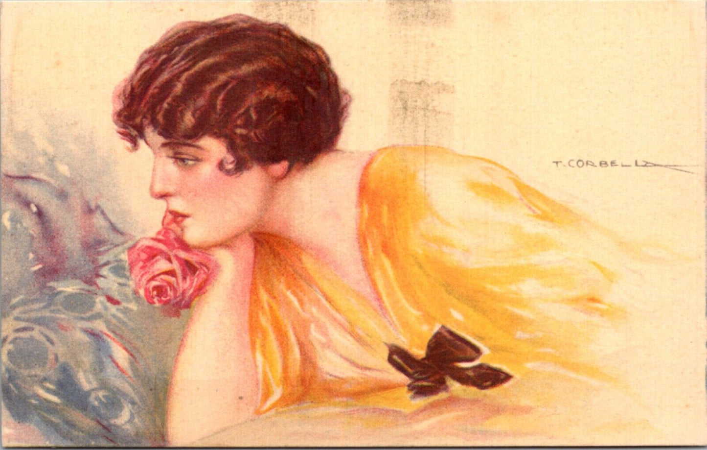 Tito Corbella artwork Postcard Woman Wearing Yellow Dress Pink Rose