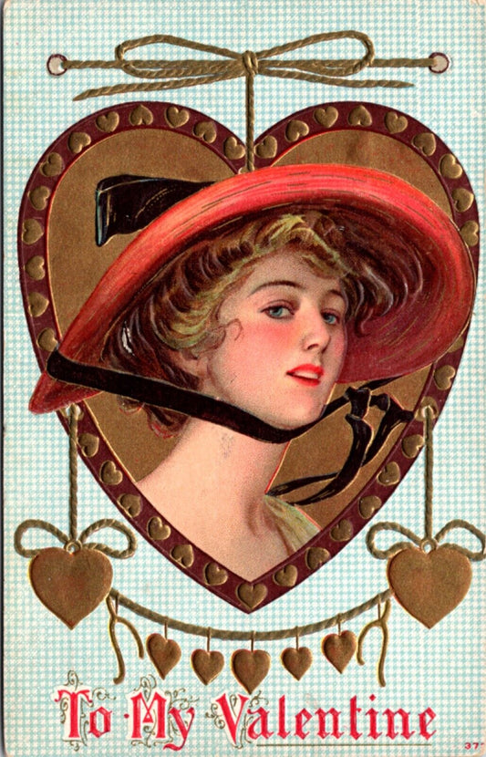 Valentine Postcard Portrait of Woman Wearing Hat Inside Gold Heart