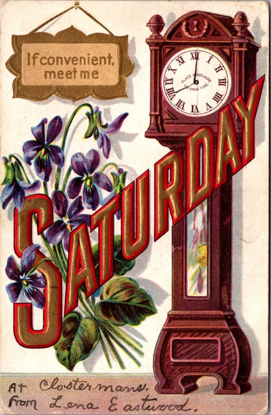 Appointment Reminder Postcard Day of the Week Saturday Grandfather Clock Flowers