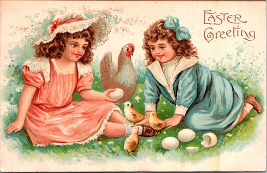 Easter Postcard Two Little Girls with Chicken, Chicks, Broken Eggshells