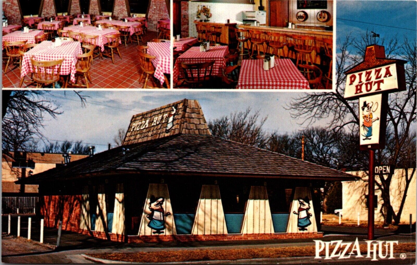 Advertising Postcard Multiple Views Interior and Exterior of a Pizza Hut