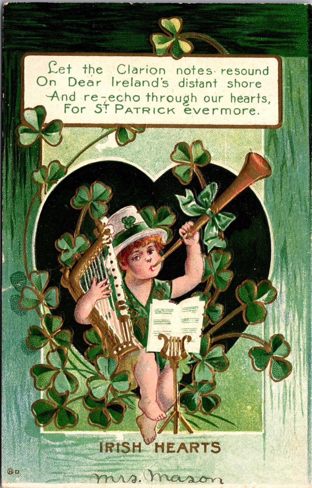 St. Patrick's Day Clarion Notes Celtic Harp Cherub Shamrocks Music Irish Heart