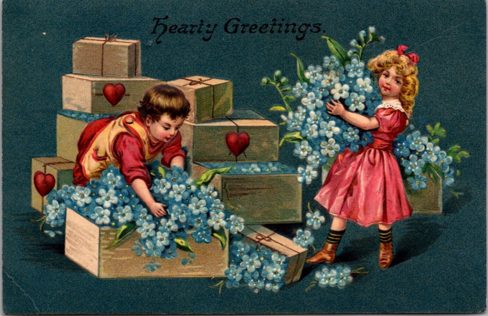 Valentine's Day Postcard Boy and Girl Filling Boxes with Forget Me Not Flowers