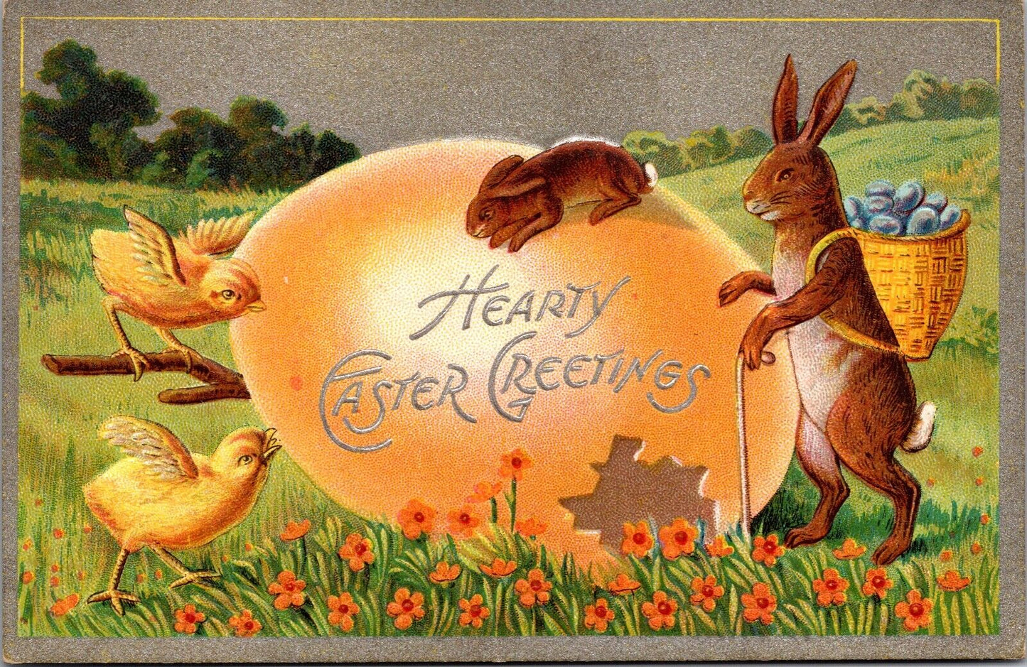 Easter Postcard Bunny Rabbit Carrying Eggs Chicks Giant Yellow Colored Egg