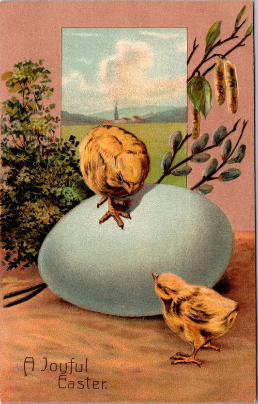 Easter Postcard Chicks with Blue Colored Egg Pussy Willow Country Farm~2701