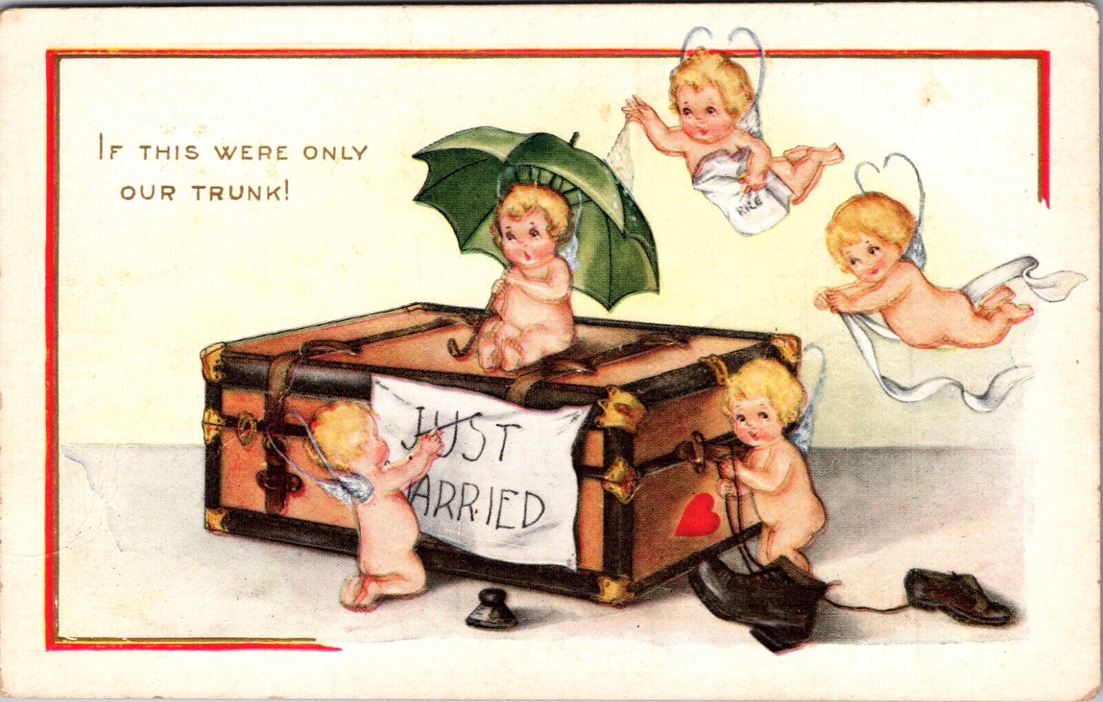 Valentine Postcard Fairy Cupid Cherub Writing Just Married on Travel Trunk