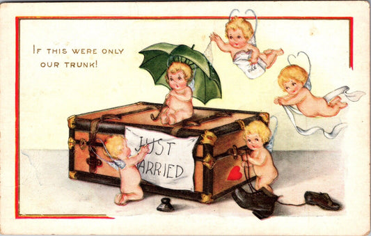 Valentine Postcard Fairy Cupid Cherub Writing Just Married on Travel Trunk