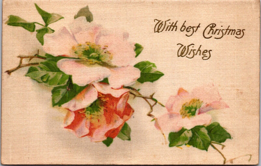 Silk Postcard With Best Christmas Wishes Pink Flowers Roses