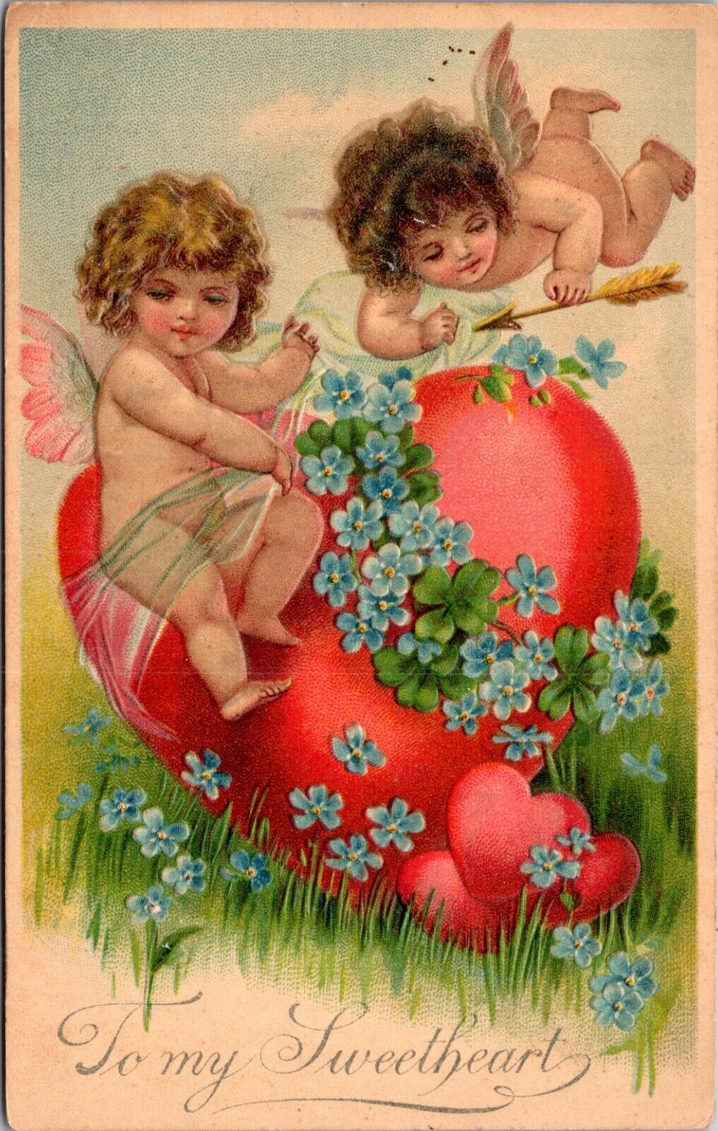 Valentine Postcard Cupid Cherub Angels Forget Me Not Flowers and Hearts