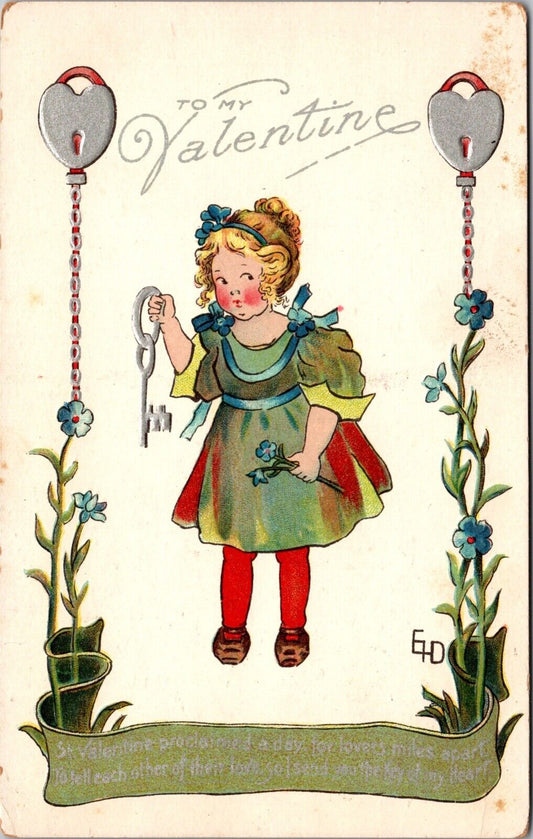 Valentine Postcard Little Girl Holding a Silver Key, Locks, Blue Flowers~3534