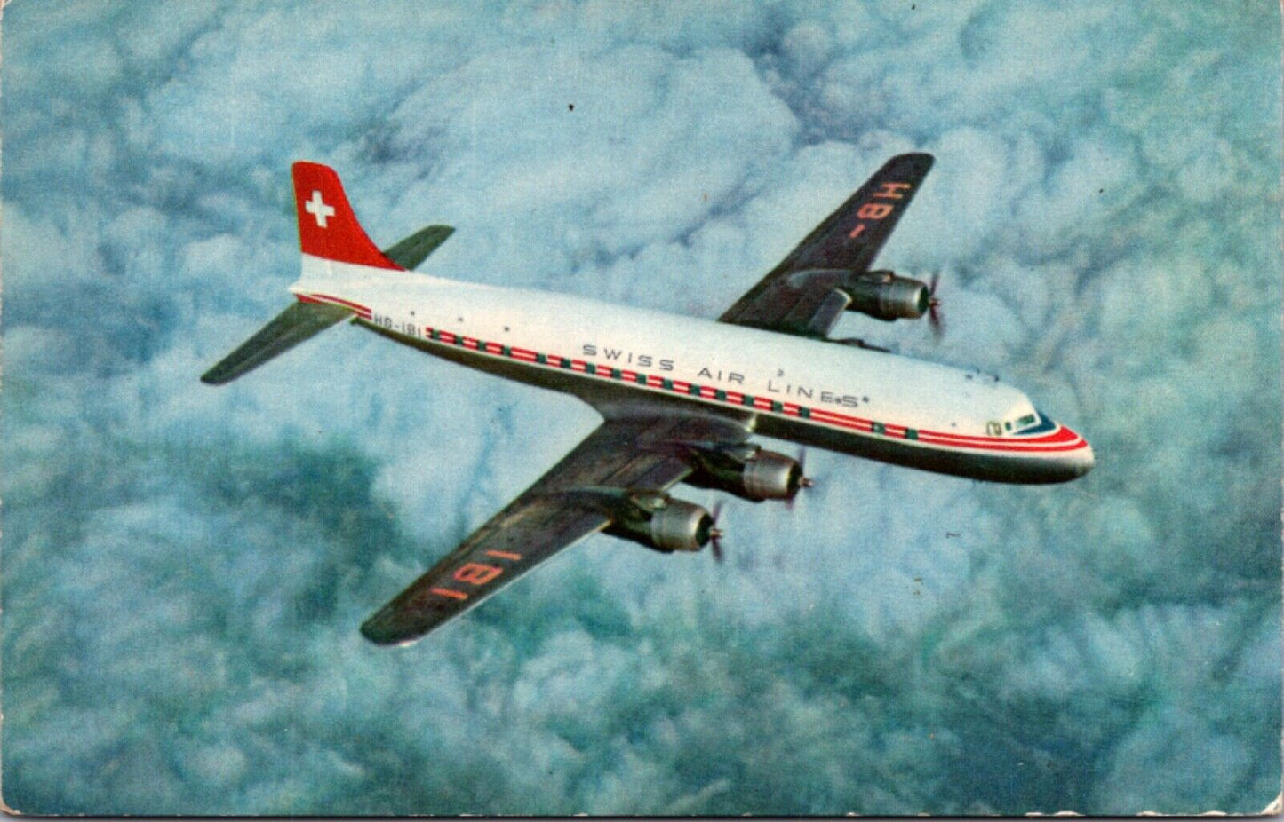 Advertising Postcard Swiss Air Lines Transatlantic DC-6 B Airplane in Flight