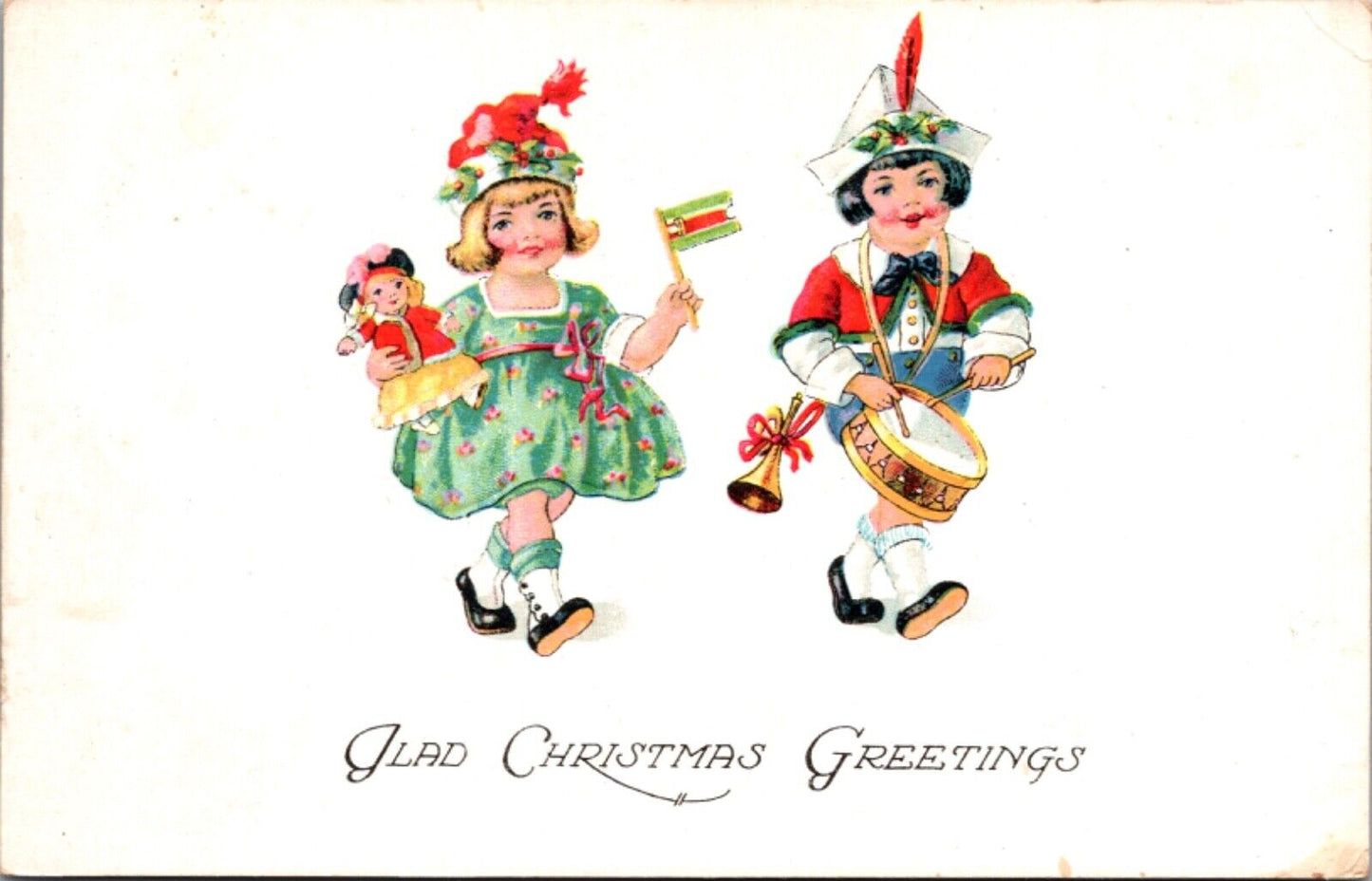 Christmas Postcard Boy and Girl Marching to Drum Beat Parade Toys Flag