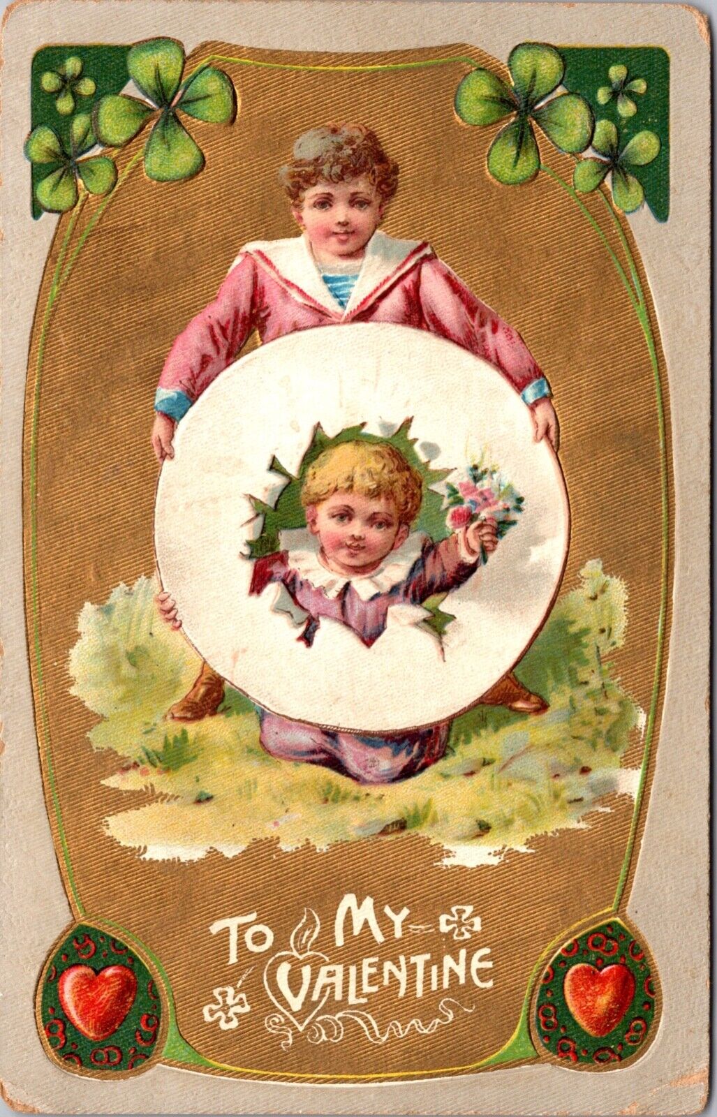 Valentine Postcard Two Boys Four Leaf Clovers Shamrock Hearts Bouquet