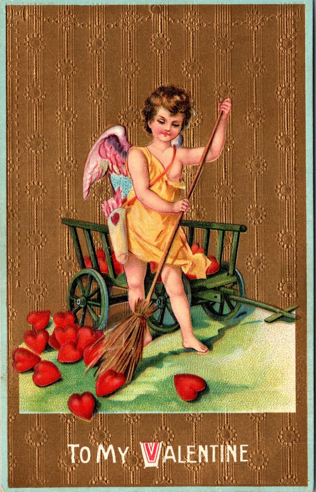 Valentine Postcard Cupid Cherub Sweeping Hearts into Wagon