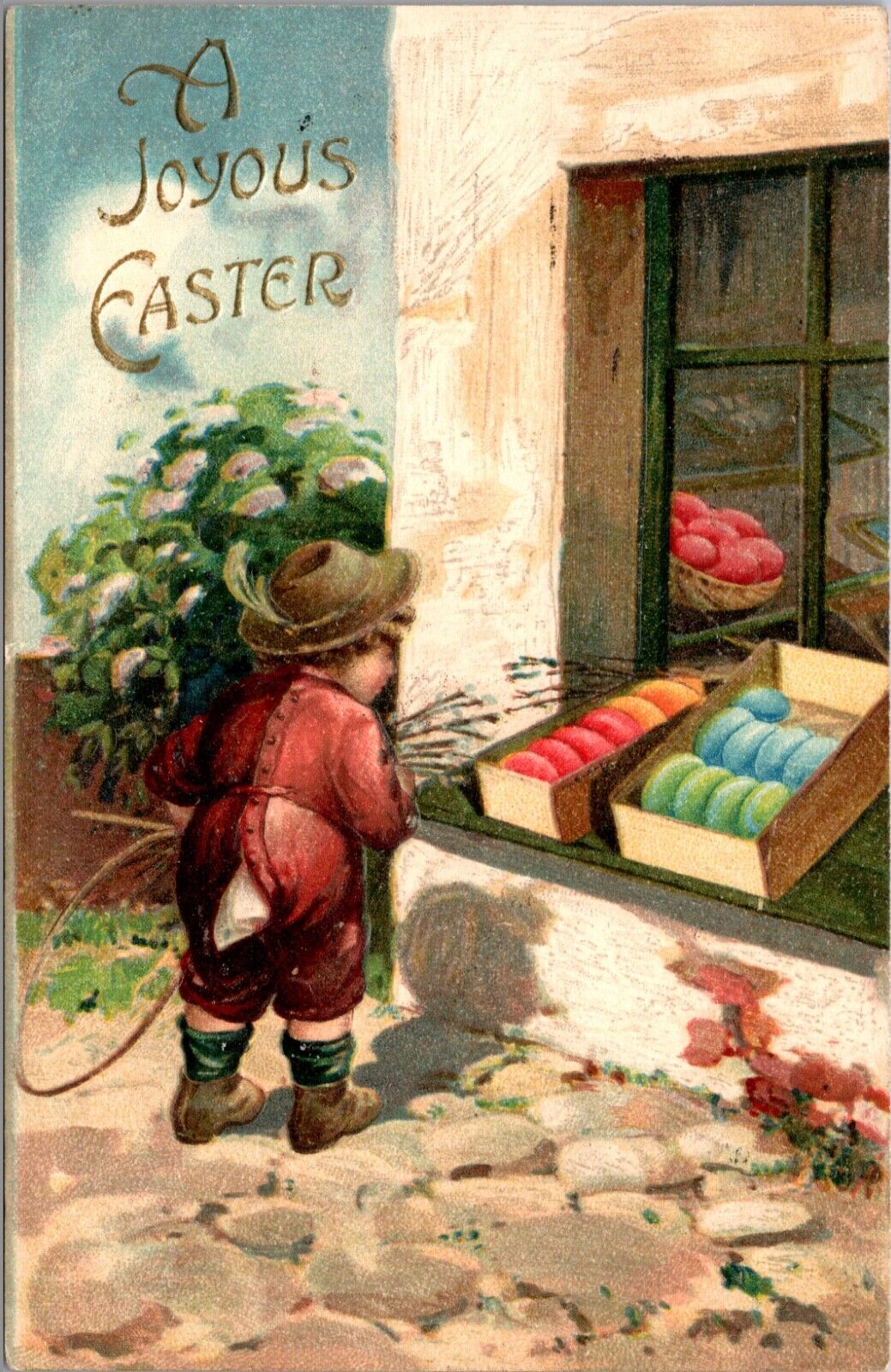 Easter Postcard Little Boy Shopping For Colored Eggs