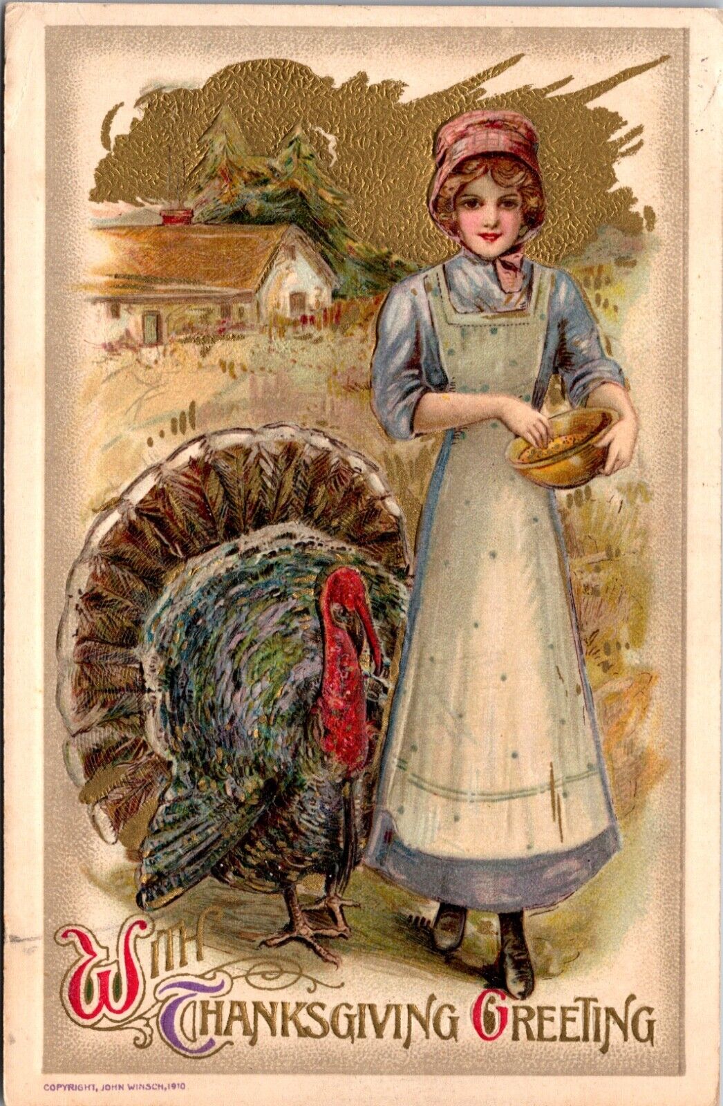 1910 Winsch Thanksgiving Postcard Pilgrim Woman Feeding a Turkey