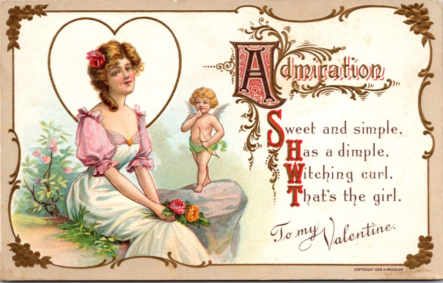 Valentine's Day Postcard Cherub Cupid Standing with Woman Holding Flowers