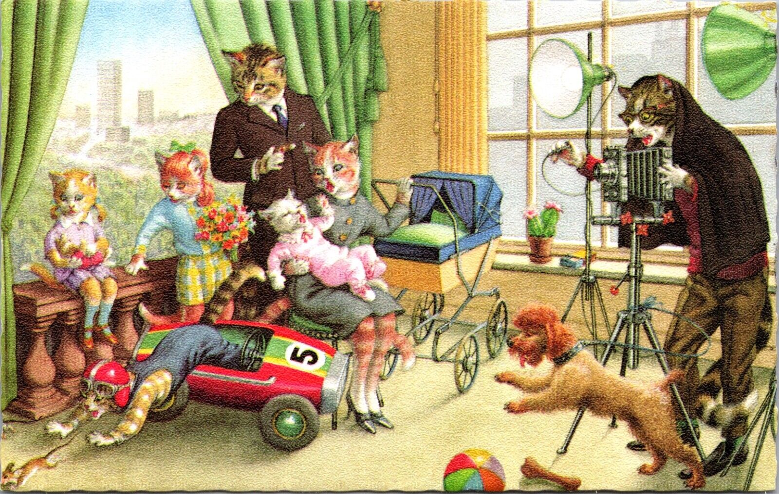 Alfred Mainzer Postcard Dressed Cats Taking a Family Photo Dog and Mouse Chaos