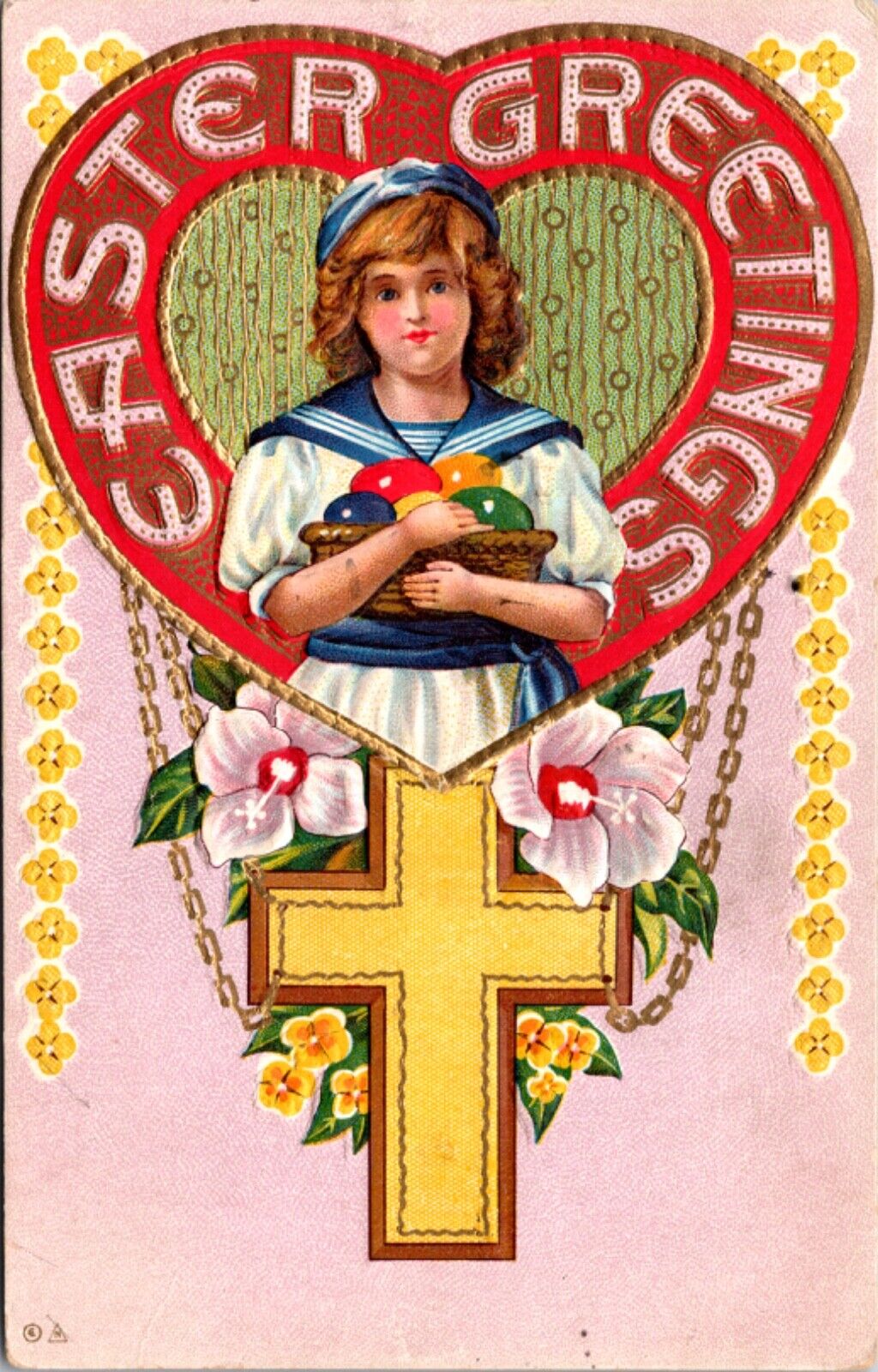 Easter PC Sailor Dressed Girl Carrying Basket of Colored Eggs, Cross, Flowers