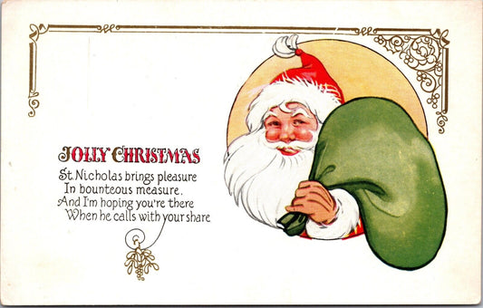 Christmas Postcard Jolly Santa Claus Holding a Green Bag of Toys~4344