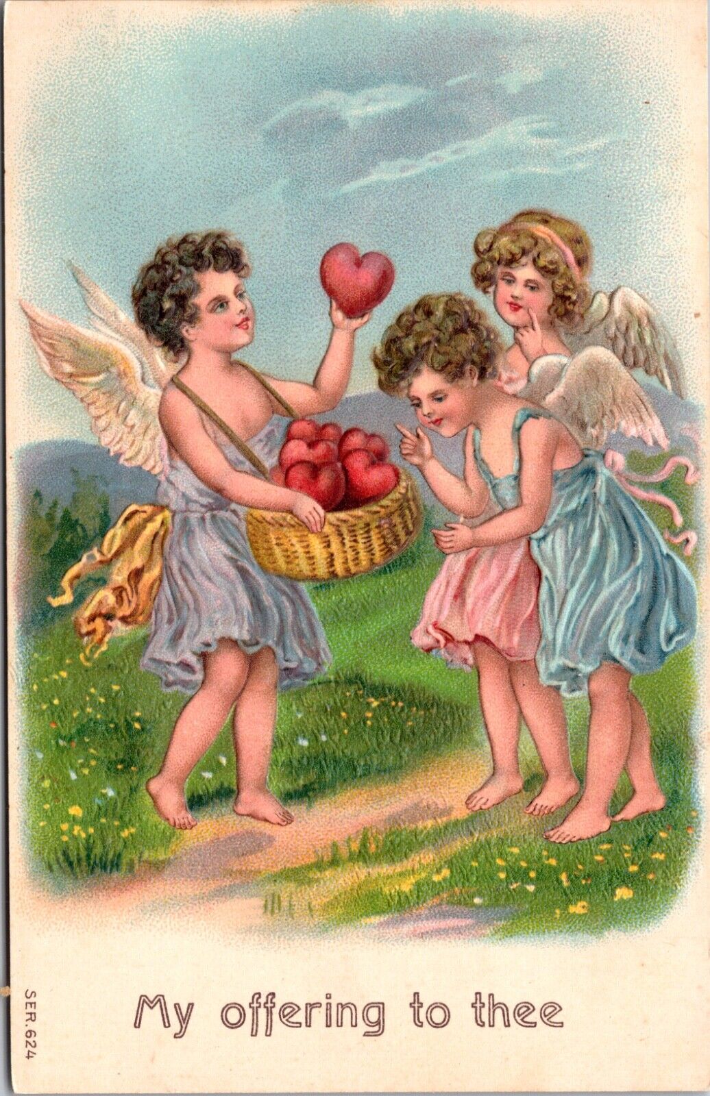 Valentine Postcard My Offering to Thee Three Cupid Cherubs with Basket of Hearts