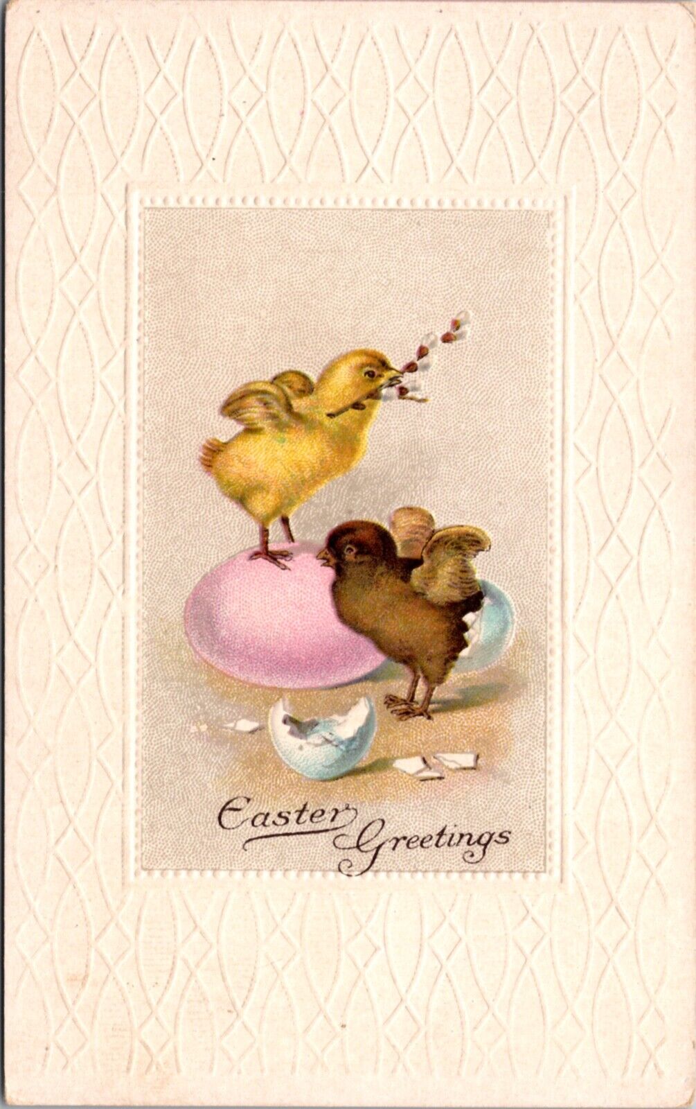 Easter Postcard Chicks with Broken Eggshells and Pussy Willow