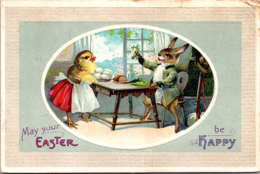 Easter Postcard Dressed Chick Bringing Eggs to Bunny Rabbit at Dinner Table